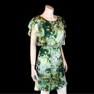 H&M Green Abstract WATERCOLOUR Silky Flutter Sleeve Spring Mini Dress 6